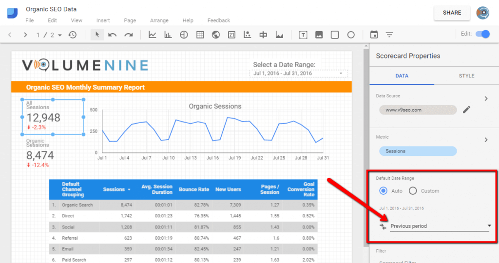 Google Data Studio Date Compare Type settings