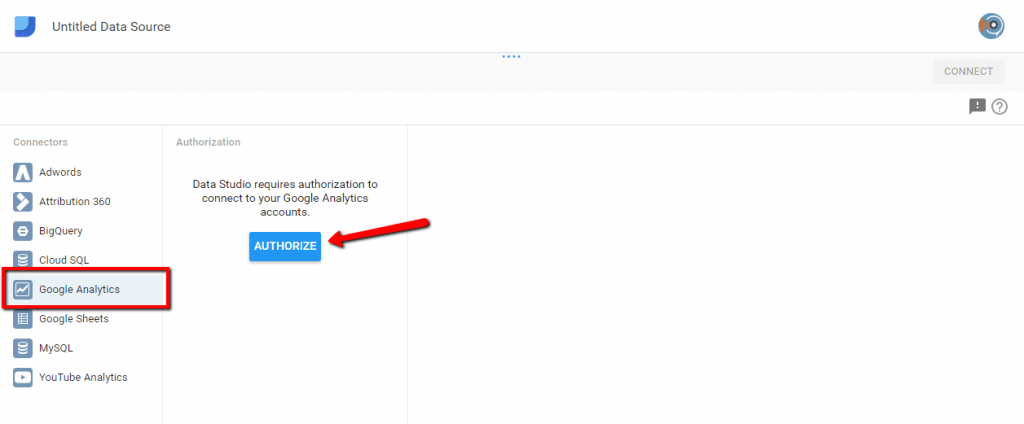 Authorize data source button in Data Studio