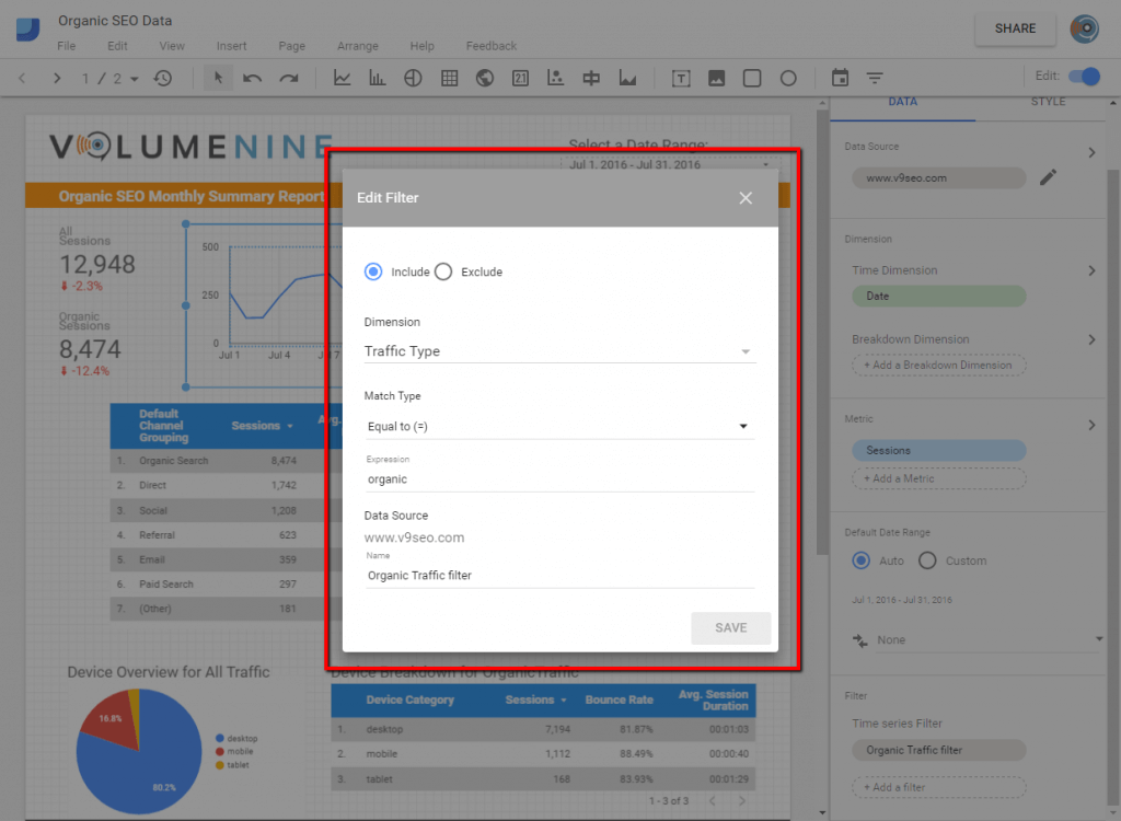 Add a filter Google Data Studio pop up.