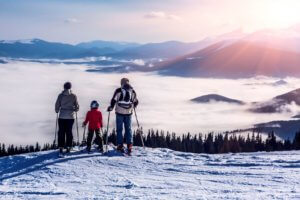 Family at Overlooking Mountain on Skis