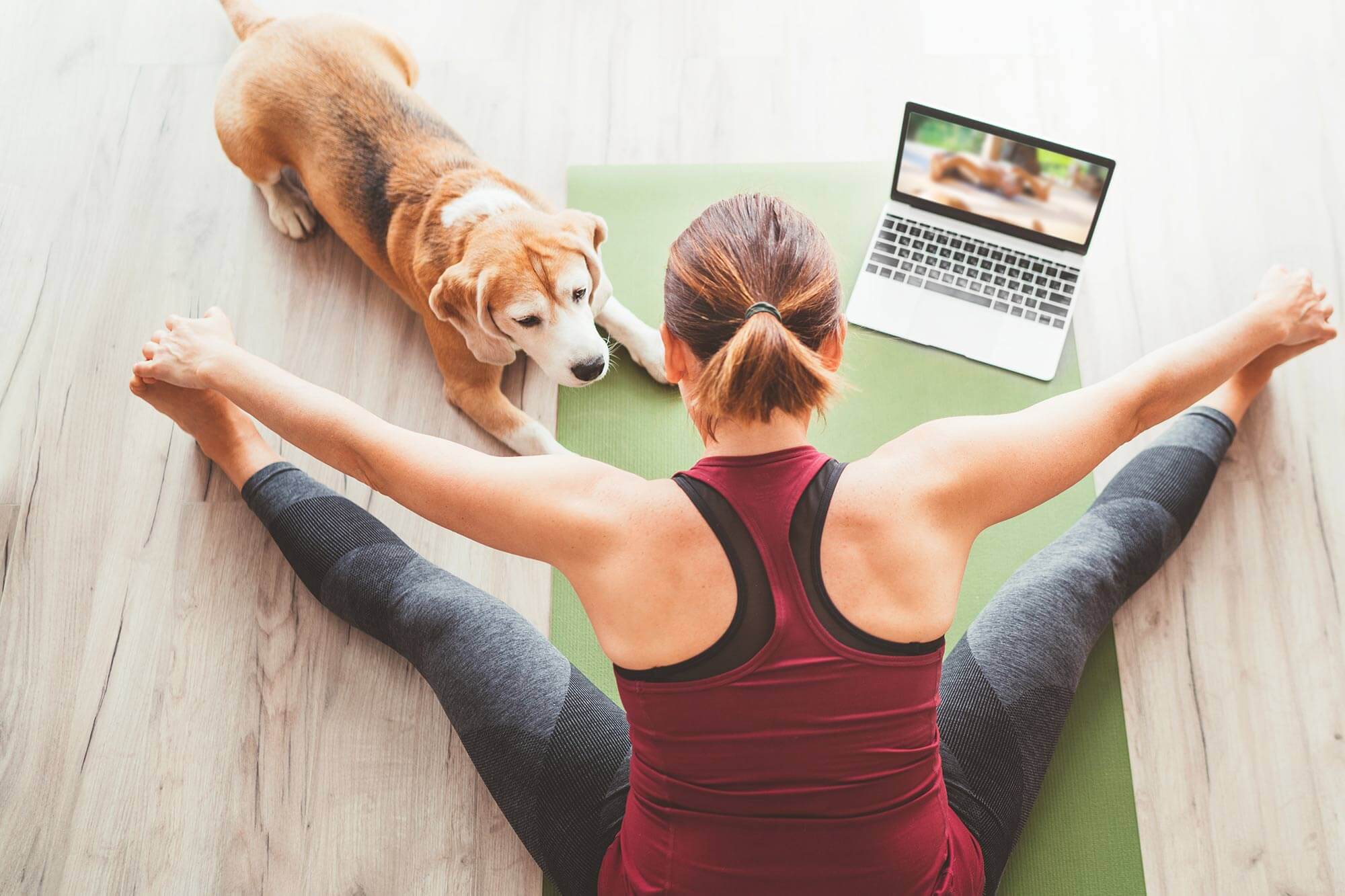 woman doing yoga with her pet